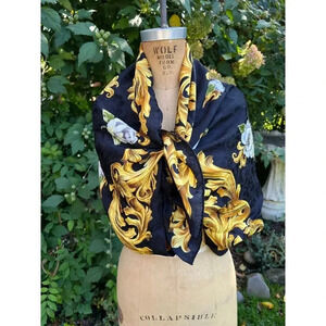 Jeannene Booher/Maggy London Scarves Signed Black/Gold Silk Scarf NWOT OS